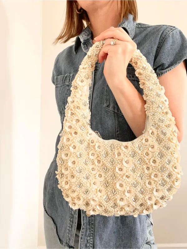 Embellished Cream Floral Beaded Shoulder Bag - Image 2