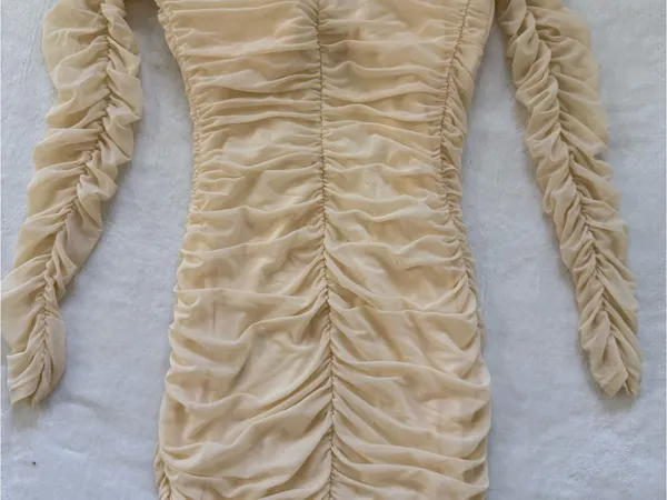 Privy Off-Shoulder Ruched Bodycon Mini Dress in Nude - Image 6