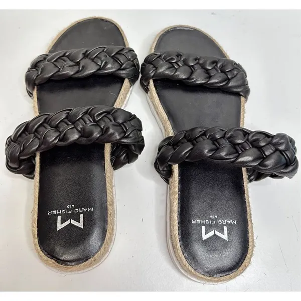 Marc Fisher Sandals Womens Size 5 Black Leather Jaimee Espadrille‎ Slide Shoes - Image 5