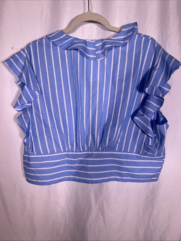 H&M Womens Tie Front Poplin Blouse Blue White Stripe Xl New With Tags - Image 5