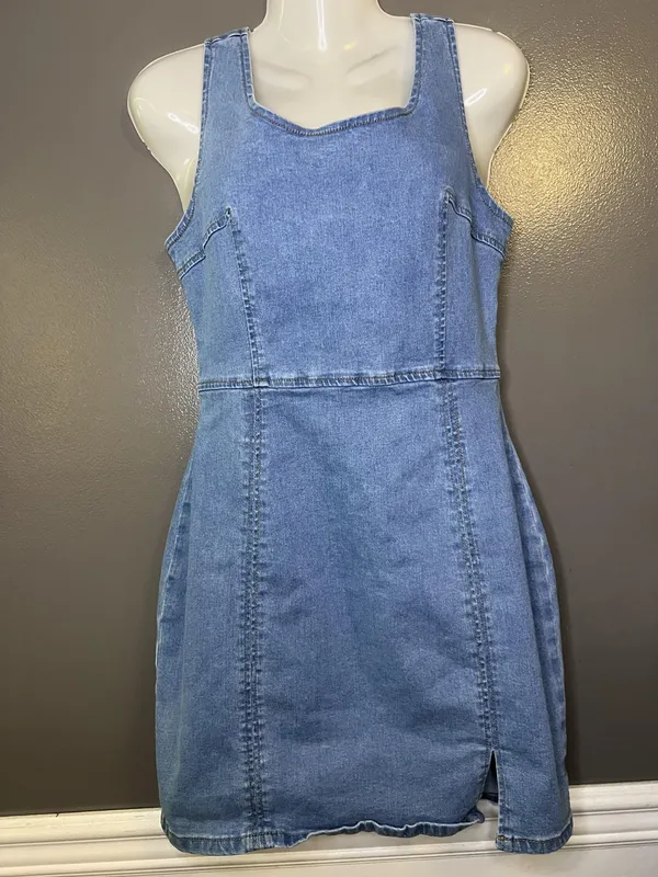 Conshvi Dress Womens Medium Blue Denim Tank Sheath Mini Zip Back Sleeveless - Image 2
