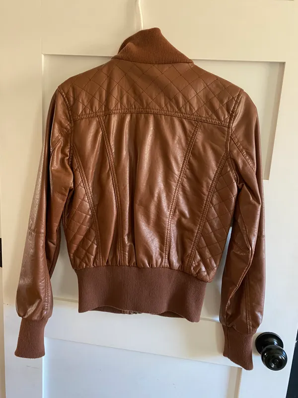 Faux Leather Bomber Jacket Brown Size M - Image 2