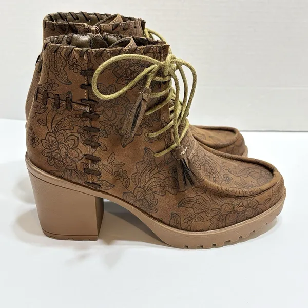 Comfort Boots Est 1946 Womens Sz 9.5 Brown Ankle Floral Print Lace Up Tassel - Image 2