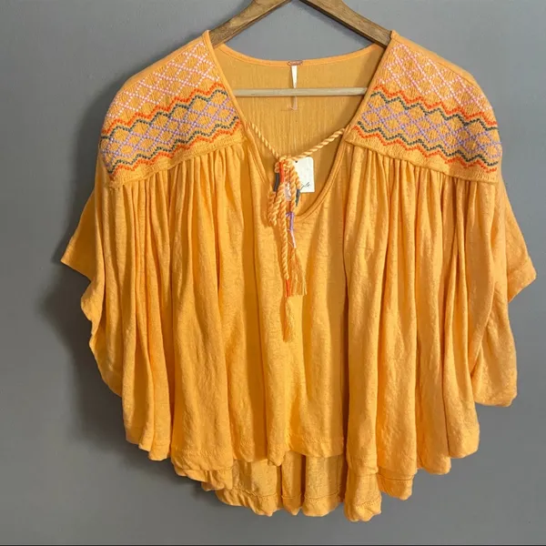 Free People Orange Blouse with Embroidered Details - Image 4