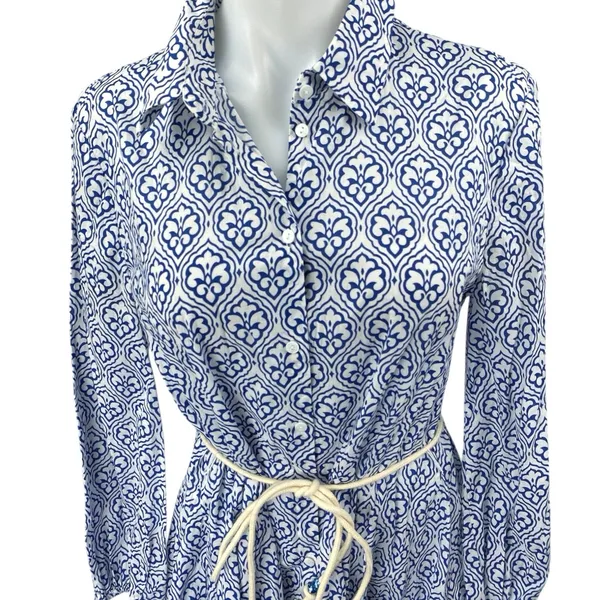 Zara Blue White Long Sleeve Floral Tie Waist Button Down A Line Mini Dress M - Image 3