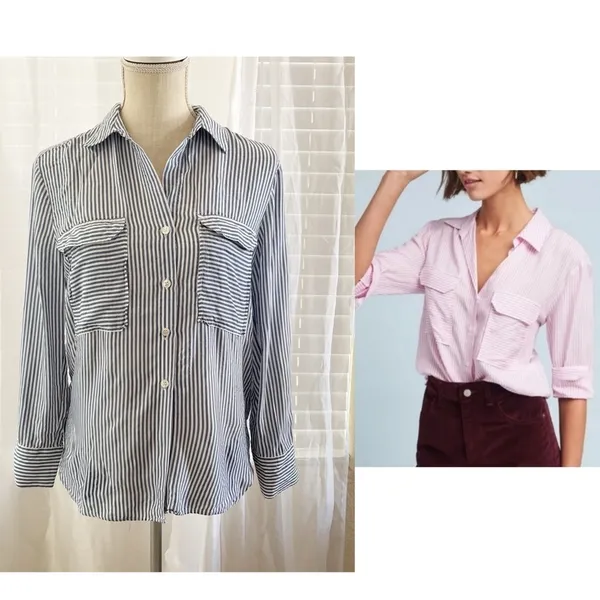 Maeve Anthropologie Blue and White Striped Button Down Shirt - Image 2