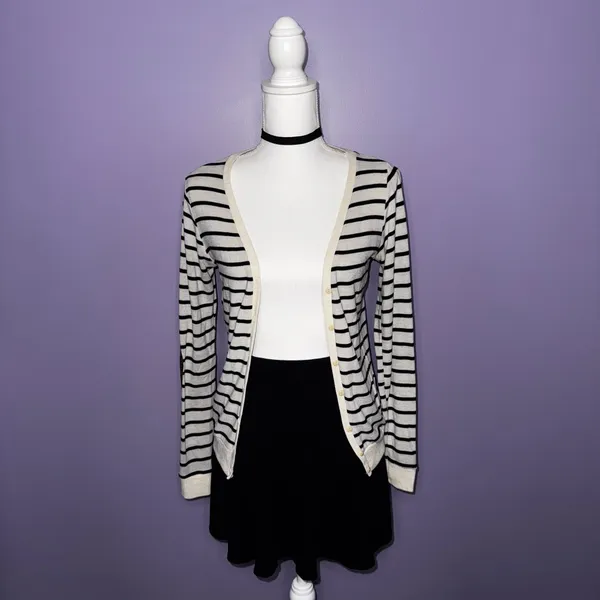 Poof! Striped Cream and Black Cardigan with Elbow Patches - Image 3