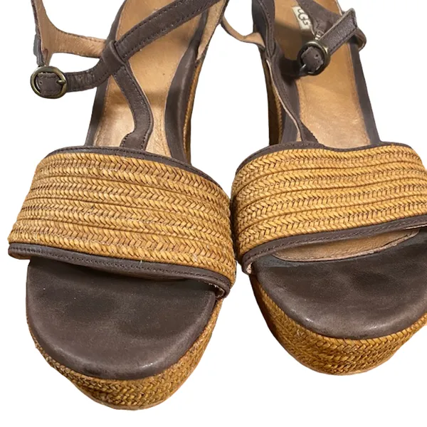UGG Women’s Brown Leather T-Strap Woven Detail Wedge Espadrille Sandals Size 9 - Image 3
