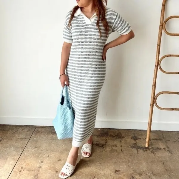 Miou Muse Striped Open Knit Midi‎ Dress Collared Blue/White Size M NEW Nautical - Image 11