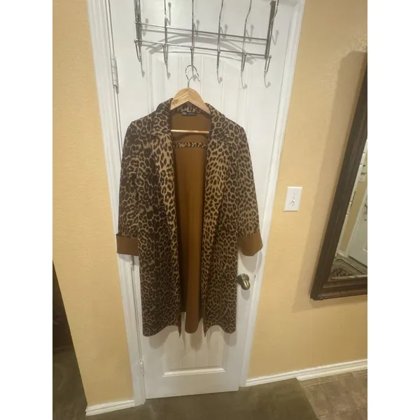 Zara Join Life Leopard Print Faux Leather Overcoat M Open Front Lined Pockets - Image 4