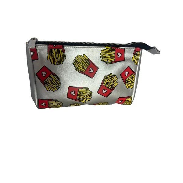 Silver Faux Leather Makeup Bag Zipper Pouch French Fries Pop Art Y2K Retro look - Image 2