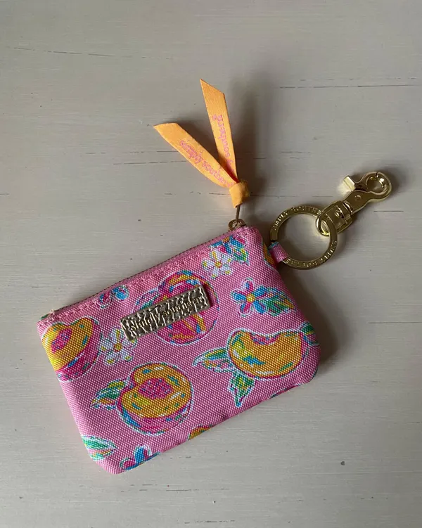 Simply Southern pink and orange peach fruit print gold tone key ring / ID wallet - Image 3