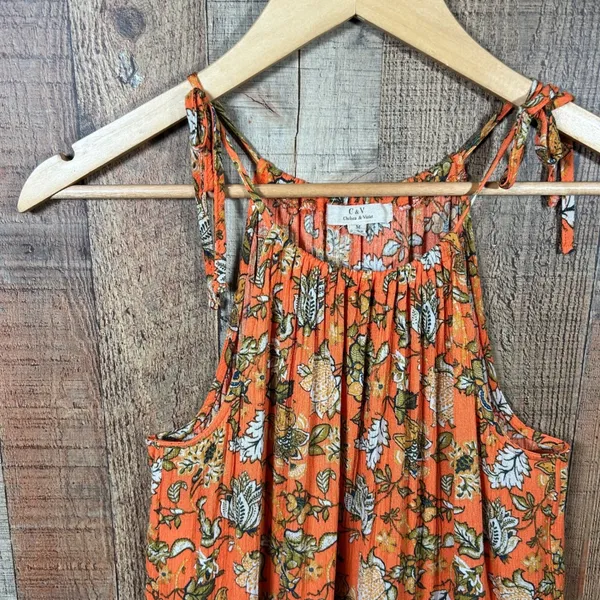 Chelsea & Violet Orange Mixed Floral Tie Shoulder Tiered Mini Dress Medium - Image 3