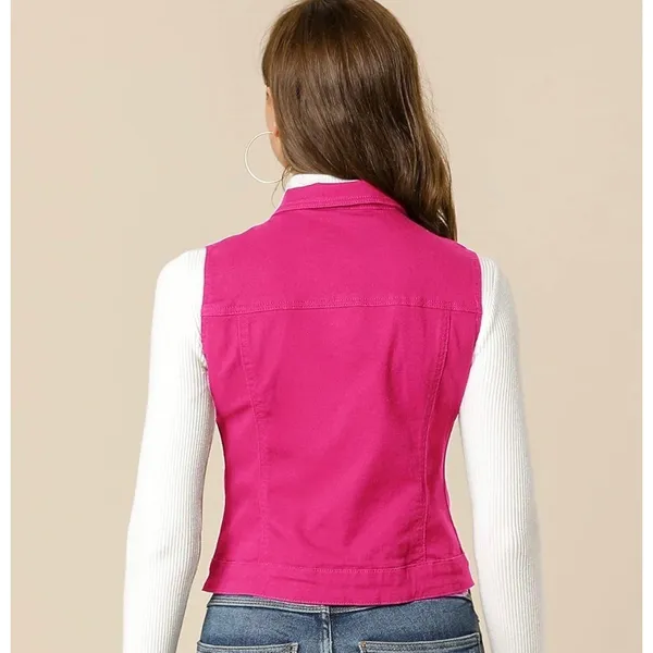NWT Allegra K Fuchsia Denim Vest Button Front Flap Pocket Slim‎ XS - Image 3
