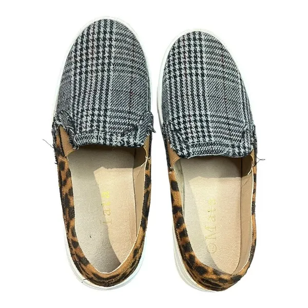 Mata Slip On Sneakers Womens 7.5 Plaid‎ Leopard Print Mixed Media Low Top Shoes - Image 5