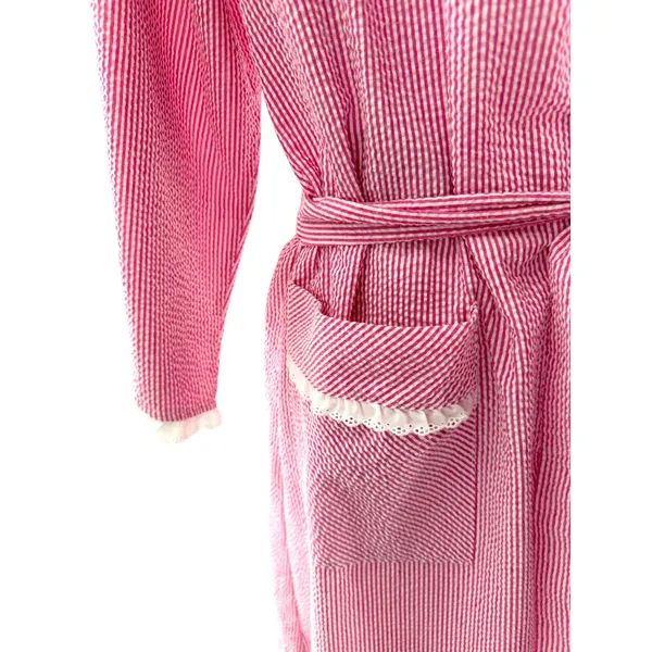 Eileen West Pink White‎ Seersucker Robe S M Stripe Cotton Blend Lace Trim Wrap - Image 4