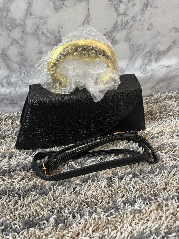 Black Croc-Embossed Handbag with Gold Handle & Crossbody Strap - Image 4