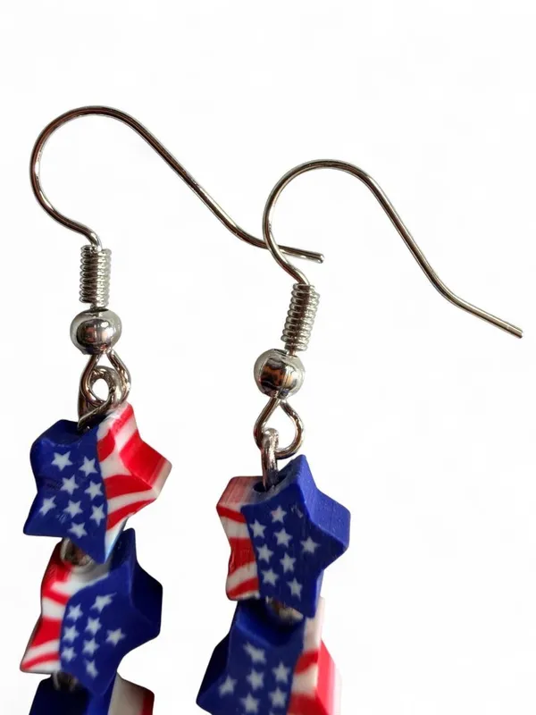 Handmade Patriotic American Flag Triple Stacked Star Dangle Earrings ❤️🤍💙 - Image 5