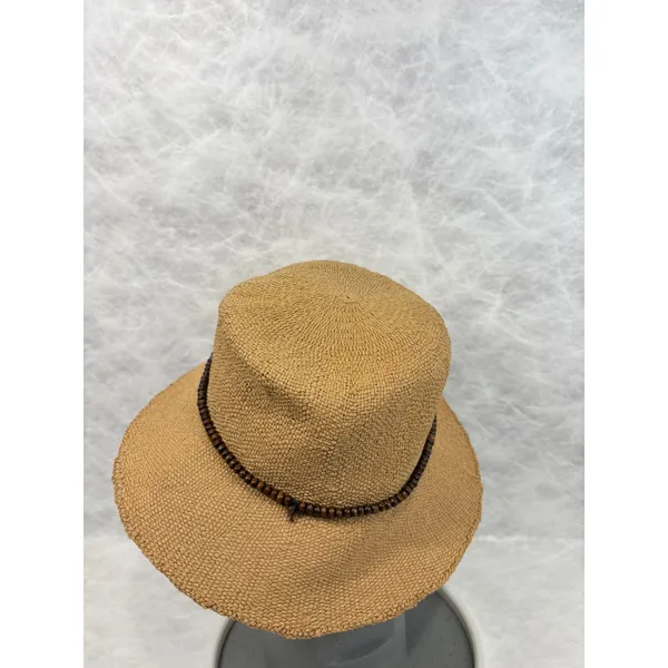 Sun N Sand Tan Woven Straw Bucket Hat UPF 50+ Wood Bead Band Adjustable - Image 3