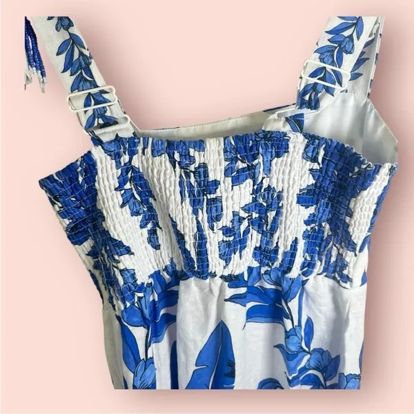 Calypso St Barth Linen Blend Smocked Back‎ Midi Dress Blue White Tropical Size S - Image 8
