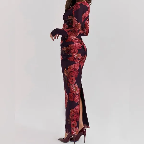 House of CB Ruched Georgette Rose Longsleeve Maxi Dress XS - Floral - Image 3