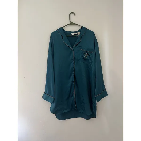 Vintage Victoria's Secret Gold Label Satin Pajama Shirt Dress Green Monogramed - Image 3