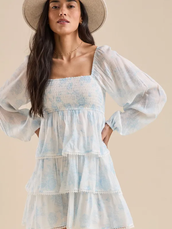 Altar’d State Eden Blue And White Floral Long Sleeve Mini Dress Size Large - Image 4