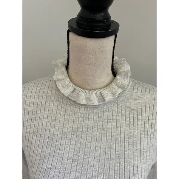 H&M Grey‎ Ribbed Mock Neck Sweater Medium Long Sleeve Ruffle Girlhood Office Neutral - Image 3