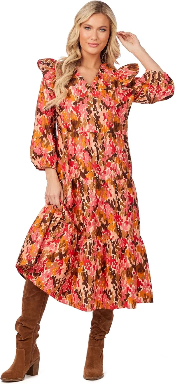 Mudpie V-Neck Ruffle Detail Patterned Midi Dress Pink Orange Multi - Image 2