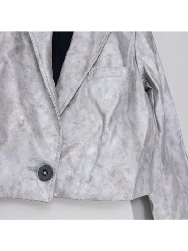 NWT Free People Block Party Metallic Blazer M Silver Vegan Leather Cropped Vneck - Image 5