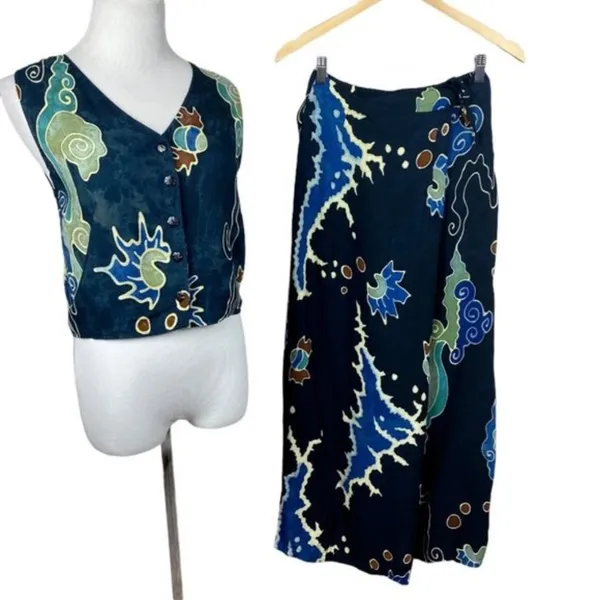 Serendipity 2-Piece Set S Maxi Faux Wrap Skirt Tank Top‎ Boho Navy Island Chic - Image 2