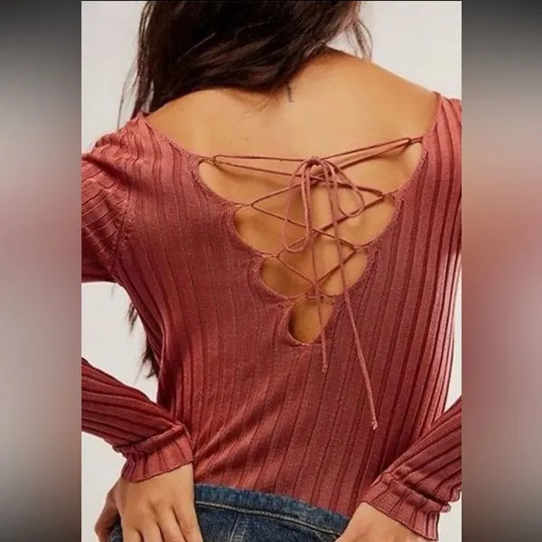 NWOT Free People Hits Different Lace-Up Top in Rusted Coral Sz S - Image 4