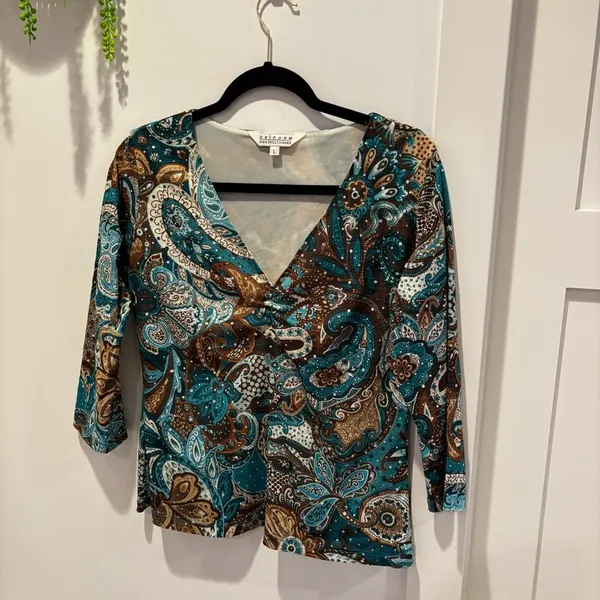 Uniform John Paul Richard Blue Brown Paisley Sequins Y2K Euro V-Neck Babydoll L - Image 2