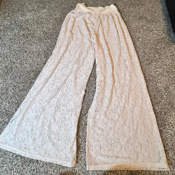 OFFLINE by Aerie Lace Wide Leg Pants Cream High Rise Side‎ Slit NWT Medium - Image 11