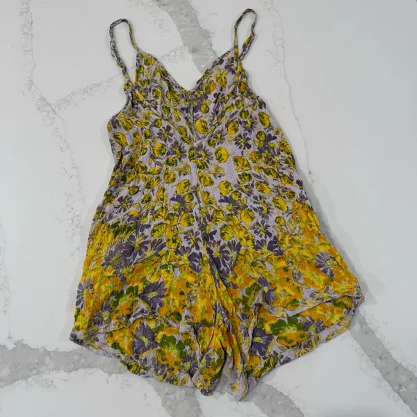 Free People One Floral V-Neck Romper Womens Small Purple/Yellow Pockets Bohemian - Image 6