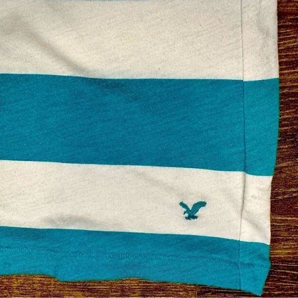 American Eagle Green and White Stripped V-Neck T-Shirt - Image 5