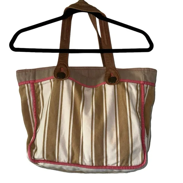 Gap Y2K Reversible Canvas Tote Bag Leather Handles‎ Pink Trim Striped - Image 4