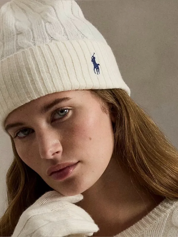Polo Ralph Lauren beige cable knit beanie hat with embroidered pony wool blend - Image 2