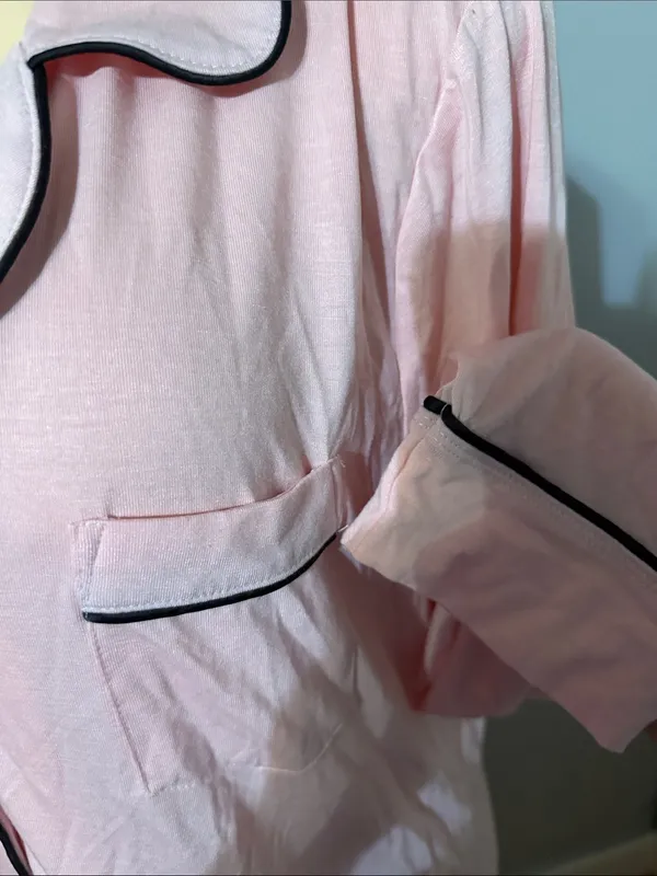Cynthia Rowley Classic Pink Long-Sleeve Button-Front Sleep dress with Black Piping - Image 2