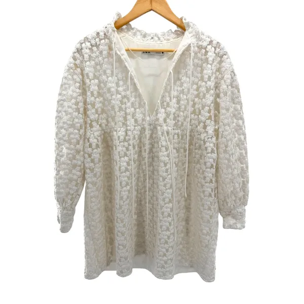 Zara White Floral Embroidered Babydoll Mini Dress V-Neck Tie Balloon Sleeve XS - Image 3