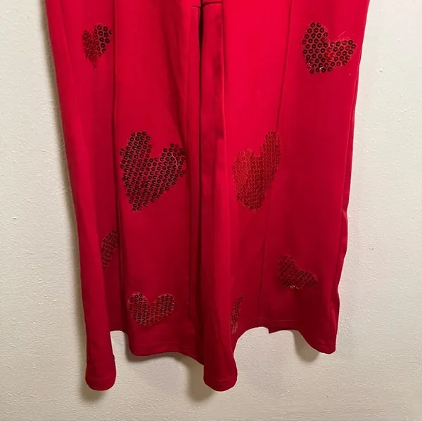 Women's Pull On Pant Red Sequin Hearts Slit Hem Back Stretch Mid - Image 4