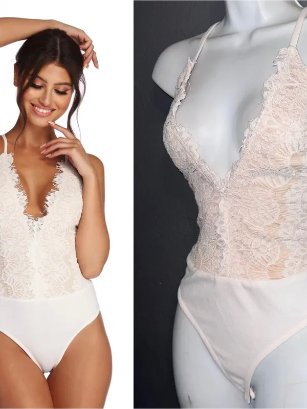 Windsor Cream White Lace V-Neck Bodysuit Top Womens Medium - Image 2