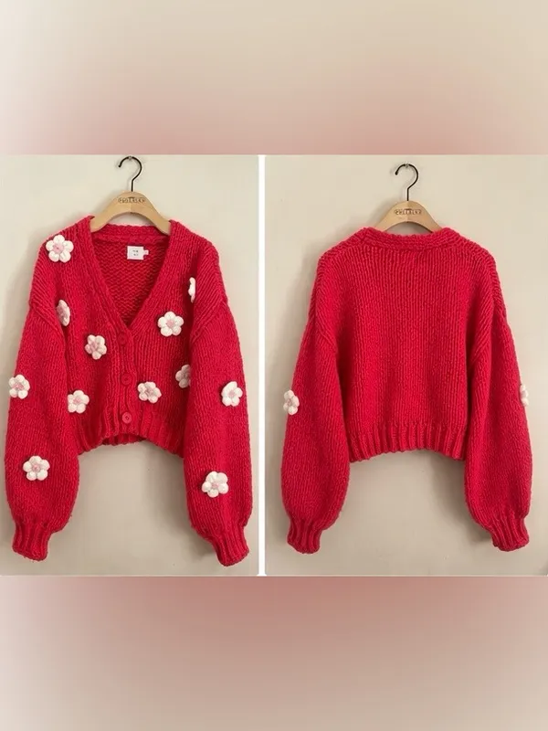 Luna Ivy Chunky Knit Flower Appliqué Cardigan Sweater Red Pink M Cottagecore - Image 3