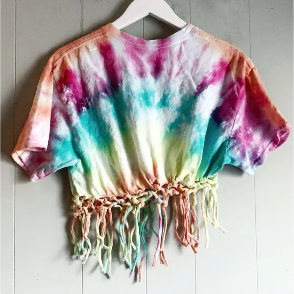 GILDAN DIY Crafted Rainbow Tie Dye Cropped Tshirt L - Image 2