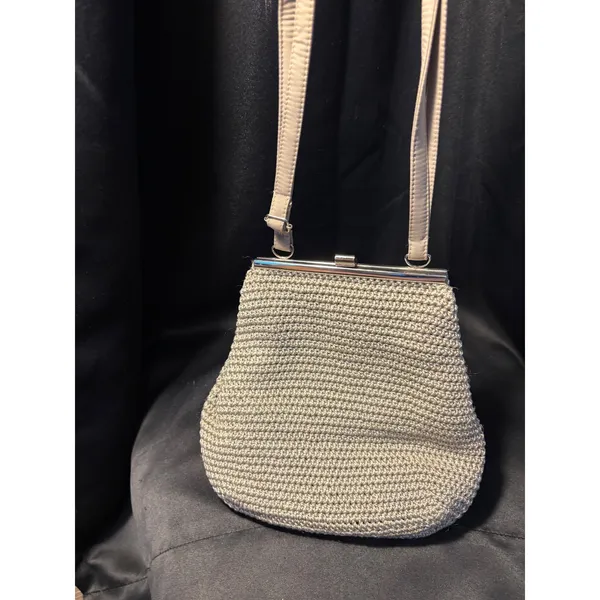 Vintage Style‎ Crochet Kiss Lock Crossbody Bag Taupe Knit Silver Hardware - Image 2