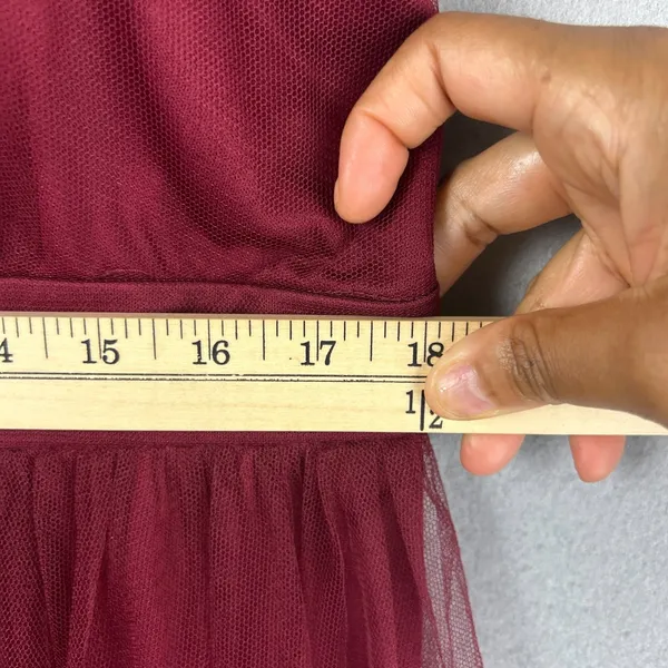 Lulus Burgundy Tulle Maxi Gown 2X Deep V Spaghetti Strap Front Slit Bridesmaid - Image 12