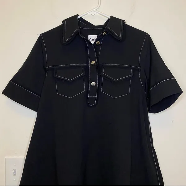GANNI NEW Sable Topstitch Crepe Swing Button Front Mini Dress Black Sz 36 SNAGS - Image 5