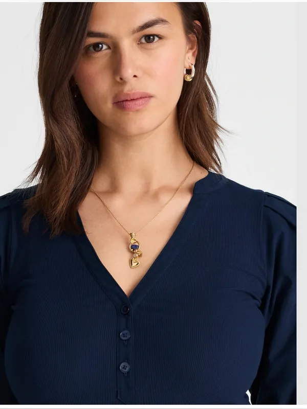 Madewell Puff Sleeve Henley Knit Top Blue Modal Blend Size XL NWT - Image 5