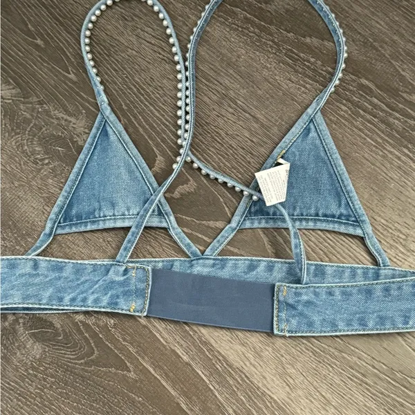 SheIn Denim Pearl Strap Bralette - Image 2