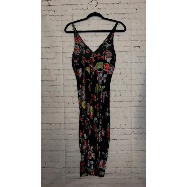 Natori Black Floral Print Slip Dress V Neck Spaghetti Straps Midi‎ Night Gown XS - Image 2